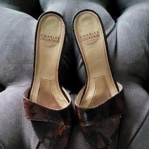 Charles Jordan Black/Brown Snakeskin  Cross Bridge Sandals Size 7